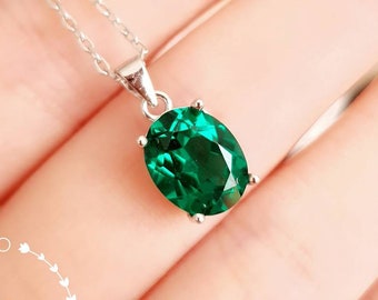 Muzo Green Oval Emerald Pendant, 3 Carats Oval Cut Emerald Solitaire Necklace, Sterling Silver May Birthstone Gift