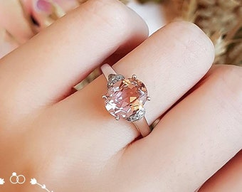 Morganite engagement ring, Oval Morganite ring, Pink Morganite ring, vintage design, white gold plated sterling silver, pink stone ring