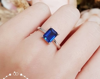 Genuine Lab Grown Royal Blue emerald cut sapphire engagement ring, rectangular sapphire solitaire ring, September Birthstone promise ring