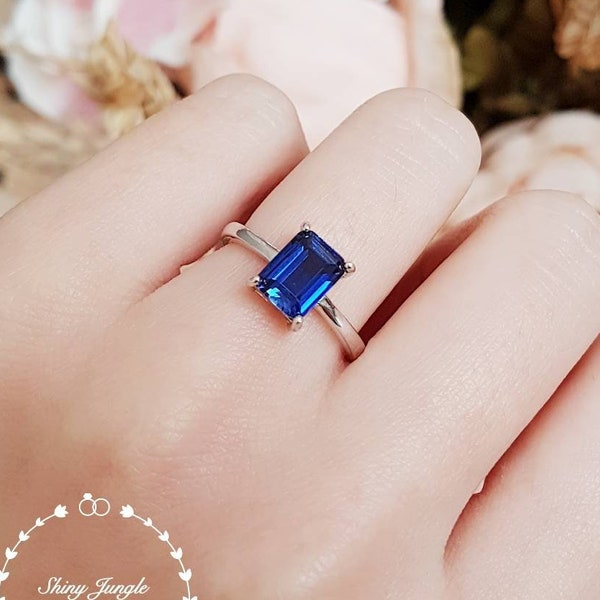 Echter Labradorit-Verlobungsring, Royal Blue Smaragdschliff-Saphir-Verlobungsring, rechteckiger Saphir-Solitärring, September Birthstone-Verlobungsring