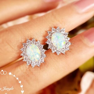 Diana Halo White Fire Opal Stud Earrings, 6*8 mm Oval Cabochon Opal Earrings, October Birthstone Gift, Opalite Bridal Earrings