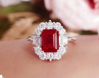 Art deco Halo Genuine Lab Grown Ruby Engagement Ring, July Birthstone Ring, Emerald Cut Lab Ruby Promise Ring, Vintage Design Cluster Ring