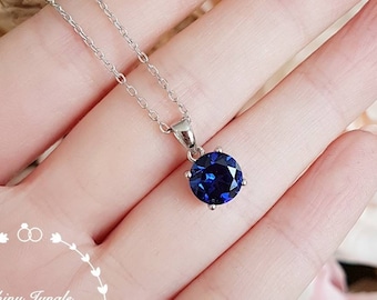 Round Genuine Lab Grown Sapphire Pendant, 2 Carats Royal Blue Sapphire Solitaire Necklace, September Birthstone Gift, Bridal Something Blue