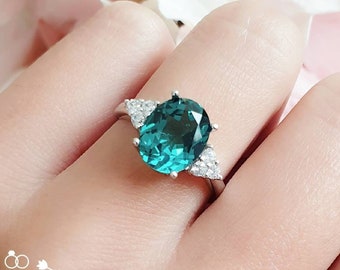 3 Carats Oval Indicolite Tourmaline Three Stone Ring, Sterling Silver, October Birthstone Gift