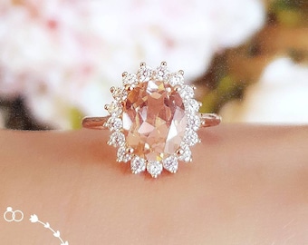 Morganite engagement ring, Rose Gold/White gold plated silver Halo Morganite ring, Diana ring, pink stone ring,padparadscha sapphire color