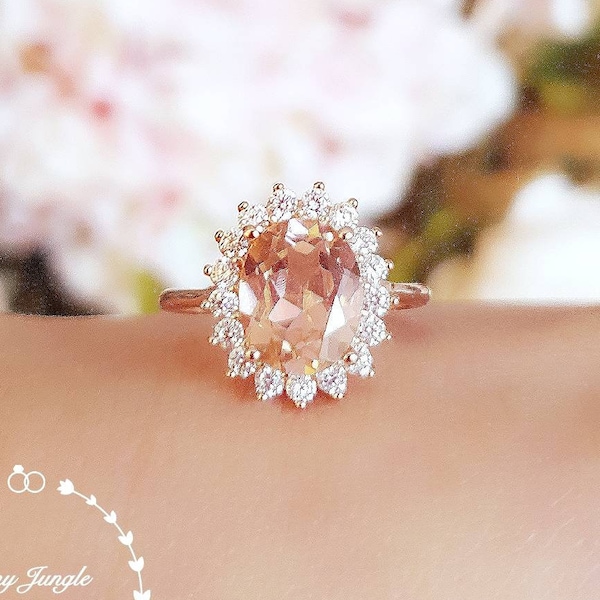 Morganite engagement ring, Rose Gold/White gold plated silver Halo Morganite ring, Diana ring, pink stone ring,padparadscha sapphire color