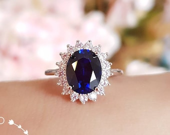 Genuine Lab Grown Sapphire Classic Halo Ring, 3 Carats 8*10 Oval Sapphire,Princess Diana Engagement Ring,September Birthstone Statement Ring