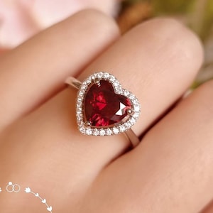 Halo hartvormige granaatring, 2 karaat 8*8 mm dieprode hartvormige granaat verlovingsring, geboortesteenring van januari, granaat beloftesring