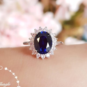 Genuine Lab Grown Sapphire Diana Halo Ring, 3 Carats Oval Sapphire, Princess Diana Engagement Ring, September Birthstone Gift