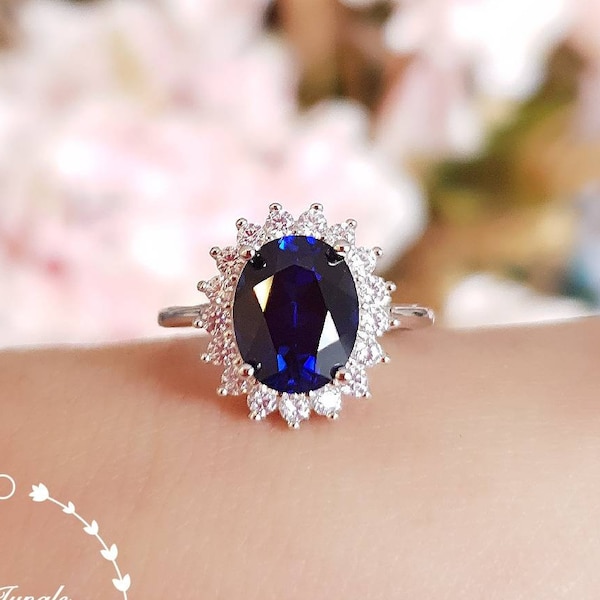 Genuine Lab Grown Sapphire Classic Halo Ring, 3 Carats 8*10 Oval Sapphire,Princess Diana Engagement Ring,September Birthstone Statement Ring