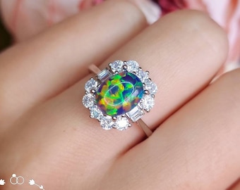 Art Deco Halo Black Opal Engagement ring, Oval Black Opal Cabochon Promise Ring with Rectangular Diamond Simulant Halo, October Birthstone
