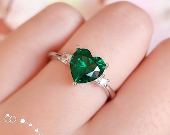 Heart Cut Emerald Ring, 2 Carats Three Stone Emerald Engagement Ring, May Birthstone Promise Ring