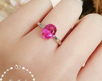 Simple Solitaire Genuine Lab Grown Pink Sapphire Engagement Ring, Oval Cut Hot Pink Sapphire Promise Ring, September Birthstone Gift