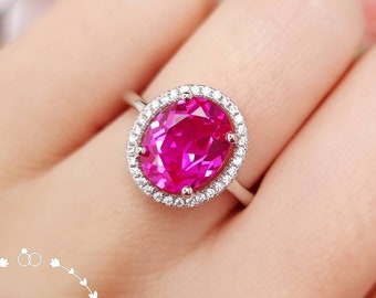 Pink Sapphire Engagement Ring, Modern Halo 3 carats Oval Hot Pink Genuine Lab Grown Sapphire Ring, September Birthstone