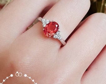 Oval Mandarin Garnet ring, lab Vivid Orange Mandarin Spessartite, engagement ring, white gold plated sterling silver, three stone ring