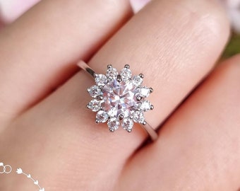 Flower Halo Diamond Ring, Halo 1 carat 6mm Round Brilliant Cut Diamond Engagement Ring, Diamond Simulant Promise Ring, April Birthstone Gift