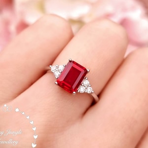 Three Stone Emerald Cut Ruby Engagement Ring, Genuine Lab Grown Pigeons Blood Ruby Promise Ring, July Birthstone Gift, Rectangular Ruby Ring