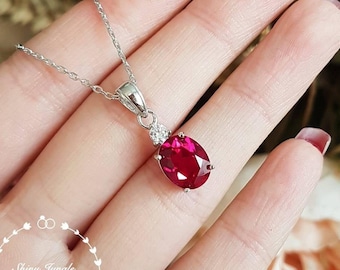 Oval genuine lab grown ruby necklace with one round diamond simulant, 3 carats July birthstone pendant gift, white/rose gold plated silver