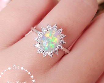 Halo Opal engagement ring, 7*9 mm white opal cabochon ring with diamond simulants halo, October Birthstone promise ring,  modern Opal ring