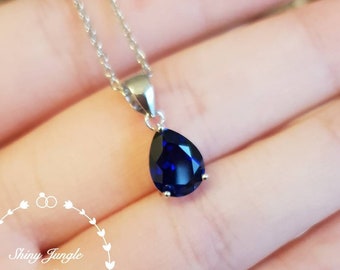 Genuine Lab Grown Pear Shaped Royal Blue Sapphire Necklace, September Birthstone Teardrop Sapphire Pendant, Pear Cut Sapphire Bridal Pendant