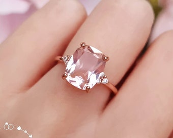 Cushion cut Morganite ring, Morganite engagement ring, three stone Morganite ring, white gold plated sterling silver, pink stone ring