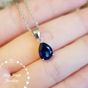 Genuine Lab Grown Pear Shaped Royal Blue Sapphire Necklace, September Birthstone Teardrop Sapphire Pendant, Pear Cut Sapphire Bridal Pendant