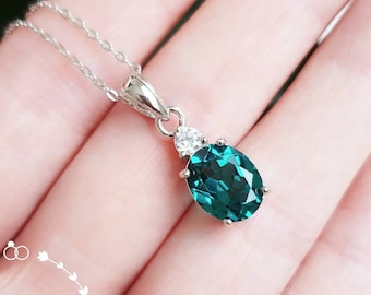 Oval Indicolite Tourmaline Drop Pendant, 3 Carats Teal Green Tourmaline Necklace, October Birthstone Gift