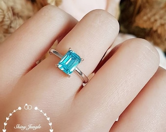 Swiss blue topaz ring, 2 ct lab blue topaz engagement ring, white gold plated sterling silver, blue gemstone ring, rectangular ring