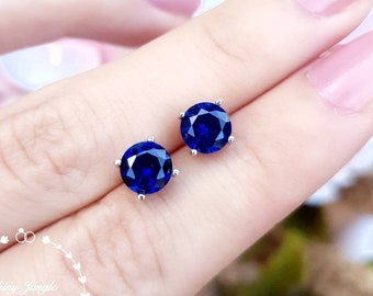 1 carat Royal Blue Genuine Lab Grown Sapphire Stud Earrings, 6*6 mm Round Sapphire Earrings, Simple Bridal Earrings, Minimalist Earrings