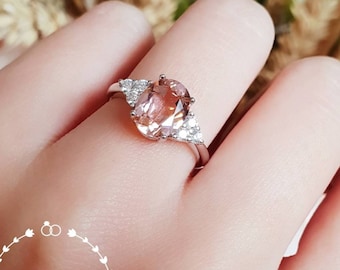 Morganite Engagement Ring, 3 Carats 8*10 mm Oval Cut Three Stone Morganite Ring, Orangy Pink Gemstone Ring, Morganite Promise Ring
