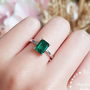 Emerald cut emerald ring, 2 carats 68 mm Emerald Cut Engagement ring, white gold plated sterling silver, green gemstone ring, square cut image 1