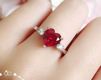 Heart Cut Genuine Lab Grown Ruby Engagement Ring, 2 Carats Heart Ruby Promise Ring, July Birthstone Gift