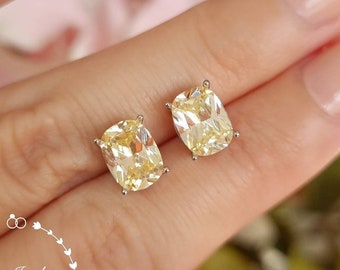 Cushion Cut Fancy Yellow Diamond Studs, 6*8mm Cushion Cut Pastel Yellow Diamond Simulant Stud Earrings, Minimalistic Bridal Earrings