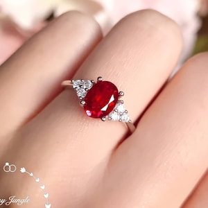 2 Carats Three Stone Ruby Ring, Oval Genuine Lab Grown Ruby Engagement Ring, July Birthstone Promise Ring