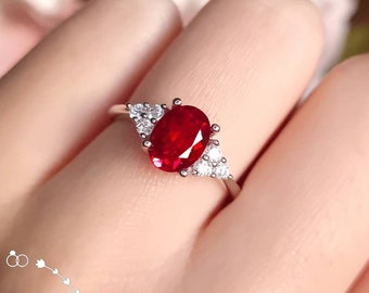 2 Carats Three Stone Ruby Ring, Oval Genuine Lab Grown Ruby Engagement Ring, July Birthstone Promise Ring