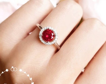 Genuine lab grown Pigeon's Blood Ruby Halo Engagement Ring, 1 carat 6 mm round cut ruby, white/rose gold plated silver, red gemstone ring
