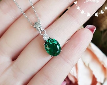 Muzo green oval emerald necklace, lab simulated emerald solitaire pendant, white/rose gold plated sterling silver, May birthstone Gift