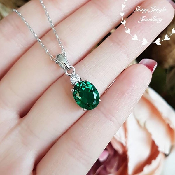 Muzo green oval emerald necklace, lab simulated emerald solitaire pendant, white/rose gold plated sterling silver, May birthstone Gift