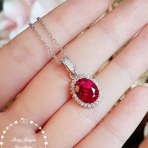 Royal Halo Genuine Lab Grown Ruby Necklace, 3 Carats 8*10 Mm