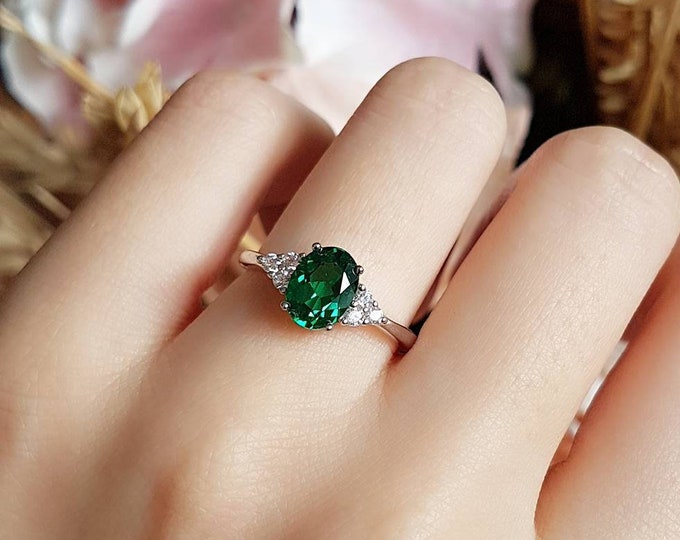 Featured listing image: Oval emerald ring, 2 Carats 6*8 mm Oval Cut Three Stone Style Emerald Engagement Ring, May Birthstone Promise Ring, Green Gemstone Ring