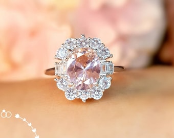 Art Deco Oval Morganite Engagement Ring, Princess Eugenie Engagement Ring, Blush Peachy Pink stone ring, Padparadscha Sapphire Color Gem