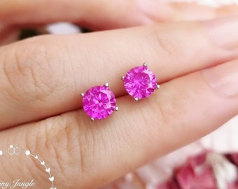 1 carat Hot Pink Genuine Lab Grown Sapphire Stud Earrings, Round Pink Sapphire Studs, Simple Bridal Earrings