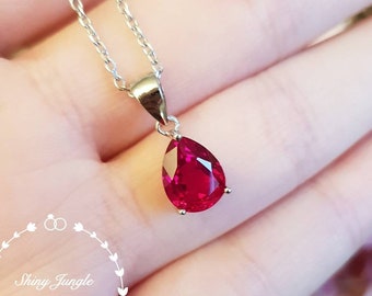 Pear shaped genuine lab grown Ruby necklace, July birthstone pendant gift, pear cut lab Ruby pendant, teardrop Ruby pendant, bridal pendant