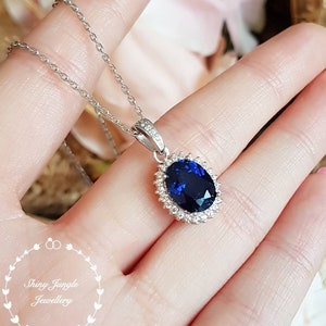 Genuine Lab Grown Royal Blue Sapphire Halo Necklace, 3 carats 8*10 Oval Sapphire, Classic Halo Sapphire Pendant, September Birthstone Gift