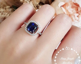 Cushion Cut Genuine Lab Grown Sapphire Halo Engagement Ring, 2 carats 8*8 Square Cushion Cut Royal Blue Sapphire, September Birthstone Gift