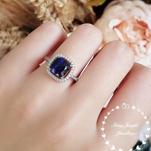 Cushion Cut Genuine Lab Grown Sapphire Halo Engagement Ring, 2 carats 8*8 Square Cushion Cut Royal Blue Sapphire, September Birthstone Gift