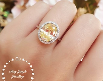 Statement Halo yellow diamond engagement ring, 5 carats fancy yellow diamond simulant ring, yellow stone ring, solitaire ring, promise ring