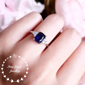 Genuine Lab Grown Royal Blue cushion cut sapphire engagement ring, three stone style sapphire ring, September Birthstone Promise Ring