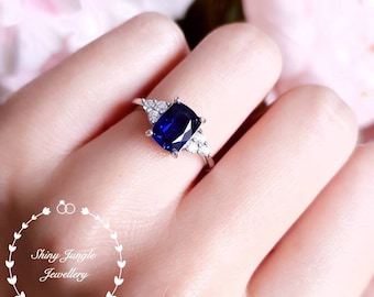 Genuine Lab Grown Royal Blue cushion cut sapphire engagement ring, three stone style sapphire ring, September Birthstone Promise Ring