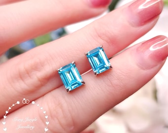 2 carats Emerald Cut Aquamarine Stud Earrings, 6*8mm Sky Blue Aquamarine Stud Earrings, Something Blue Bridal Earrings, Minimalist Earrings